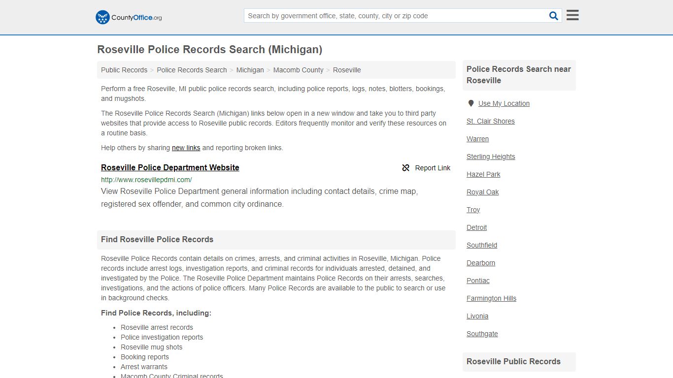 Roseville Police Records Search (Michigan) - County Office